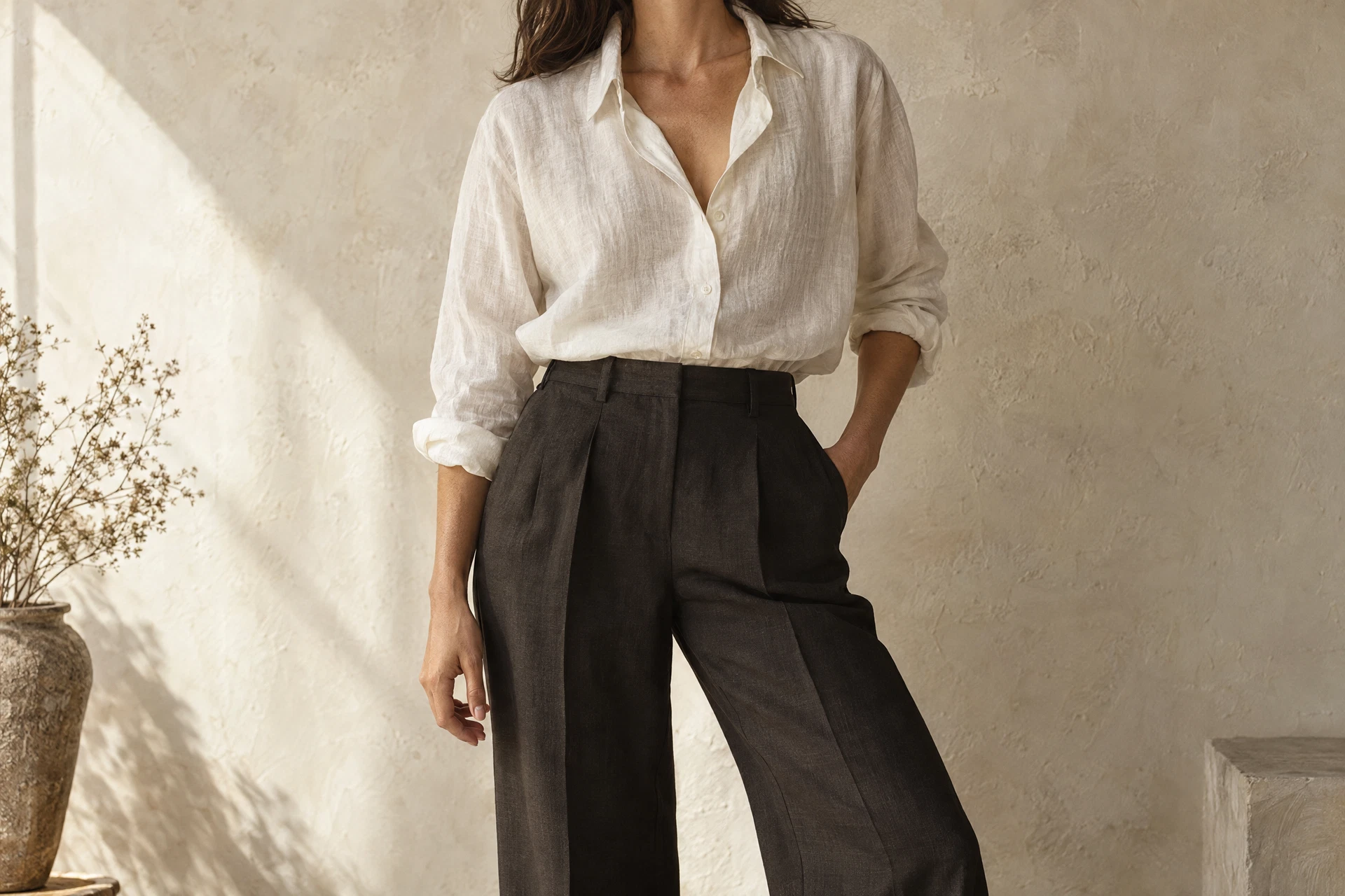 Camicia in lino e pantaloni sartoriali dai colori neutri
