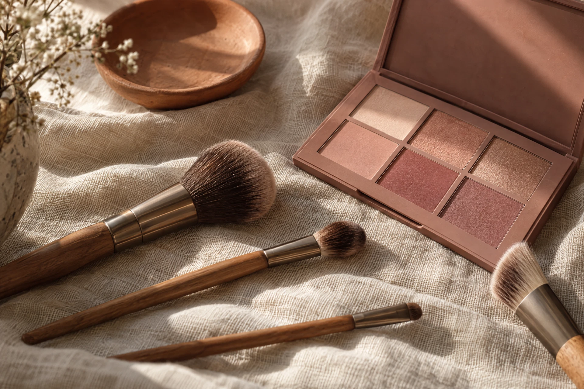 Pennelli da trucco e palette sui toni caldi